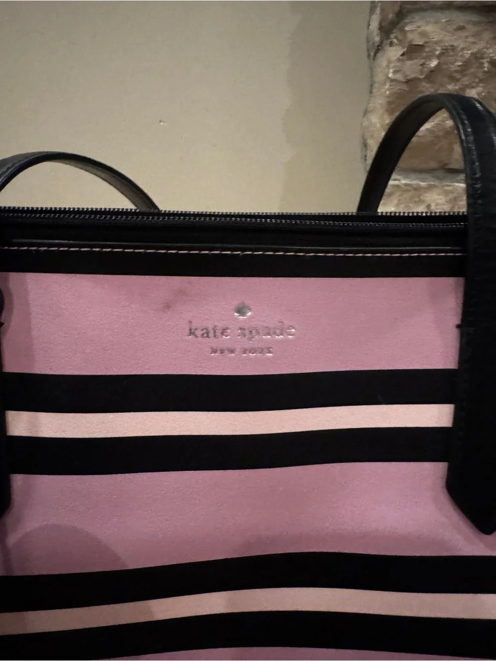 Kate Spade Lavender & Black Striped Large Tote Bag Bow Charm